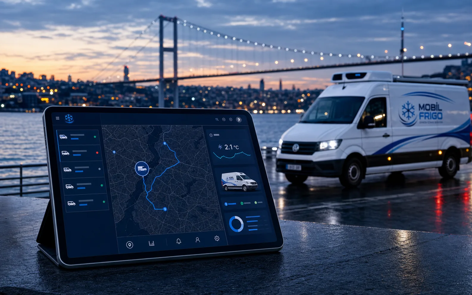 Mobil Frigo Boğaz manzaralı rota ve operasyon takip ekranı